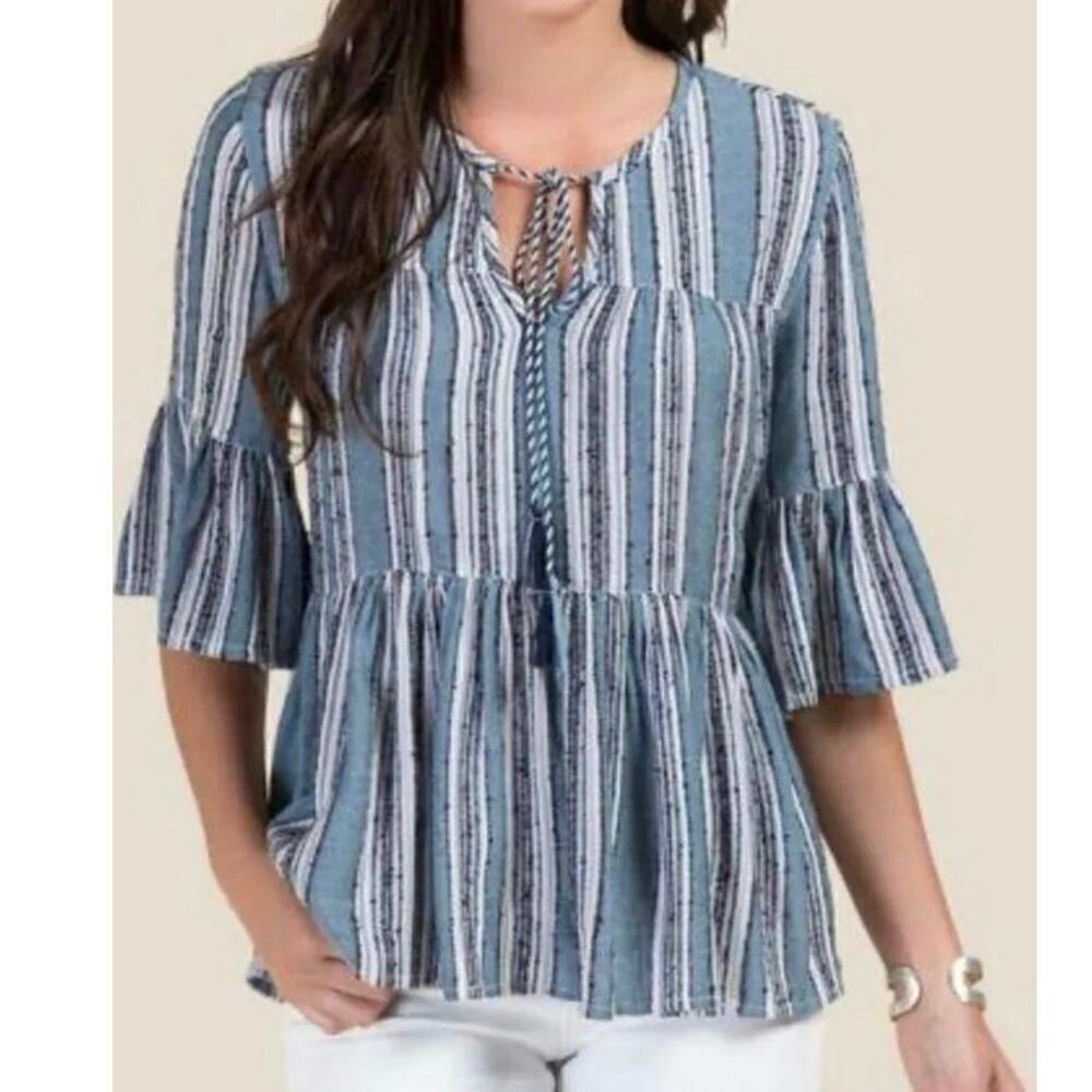 Francesca’s Blue Rain Sierra Striped Peplum Top Blue White Stripe Size M Boho